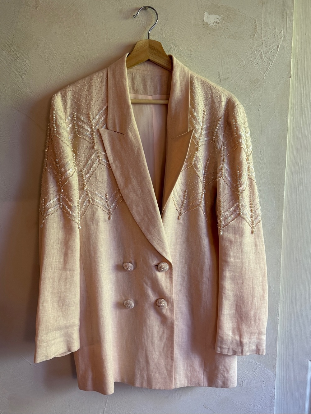 Vintage Pink Linen Pearl Beaded Blazer Double Breasted Longline Beaded Jacket